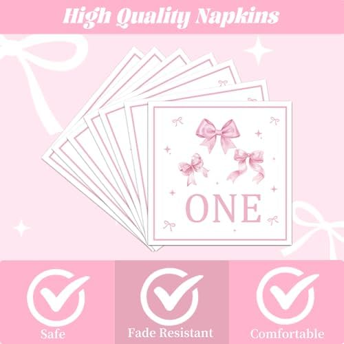 Girls Just Wanna Be One Birthday Decorations, 96PCS Pink Bow First Birthday Disposable Paper Plates and Napkins Party Decorations, Cute One Year Old Girl Forks Tableware Set for 24 Guests - Image 3