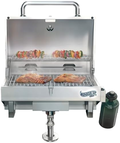 Bunker Up Fishin Stainless Steel Boat Grill with Rod Holder Mount - Great for Boating and Camping - Portable Tabletop BBQ Grill, 12000 BTU Burner, 277 sq.in Grilling Space and 87 sq.in Warming Rack by BunkerUpFishin