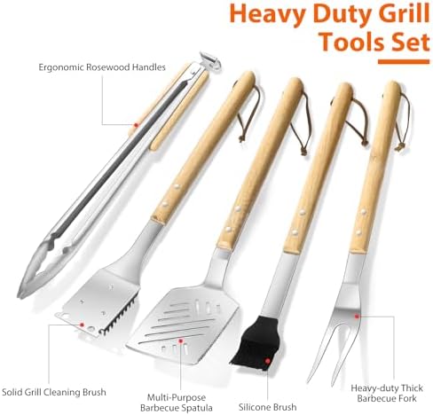 5 pcs Heavy-Duty Wooden BBQ Grilling Tools Set, Extra Thick Stainless Steel Multi-Functional Spatula, Fork, Tong, Oiling Brush & Cleaning Brush - an Excellent Barbecue Gift for Men - Image 3