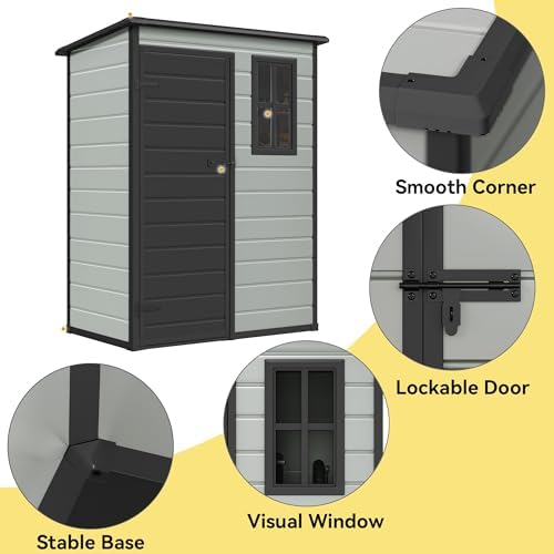 DWVO 5x3ft Resin Outdoor Storage Shed with Floor, Waterproof Lockable Storage Shed with Window, Plastic Outside Tool Storage for Garden, Backyard Patio - Image 2