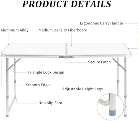 Aluminum Folding Camping Table,3 Adjustable Heights Lightweight (White, 4FT - Image 6