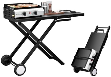 ROVSUN 2 Burner Foldable Propane Griddle with Wheels & Enameled Tray, 20000 BTU Portable Flat Top Gas Grill with Electronic Ignition & Regulator for Outdoor Cooking Camping BBQ Tailgating Picnicking by ROVSUN