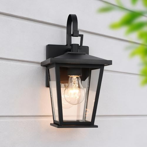 Kalium Outdoor Light Fixtures Wall Mount, Waterproof Exterior Wall Lanterns with Glass, Matte Black, Outside Wall Sconces, Front Porch Lighting for House Garage Doorway Patio 12.5 in by Kalium