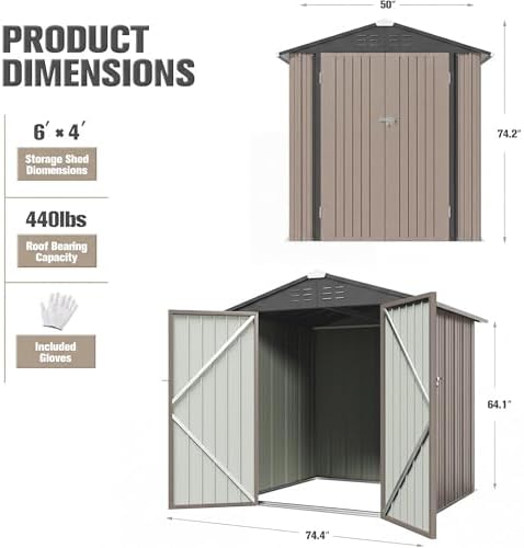 JUMMICO Metal Outdoor Storage Shed 6 x 8 FT Metal Shed with Lockable Door,Waterproof Garden Tool Shed Storage House for Backyard Patio Lawn,Brown - Image 4