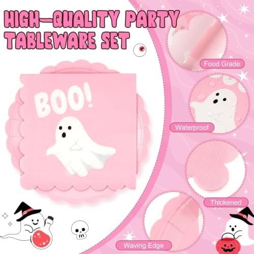 Roshtia 120 Pcs Pink Ghost Halloween Plates and Napkins Set - Image 3