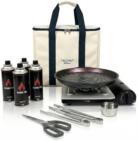 TECHEF - KBBQ Ultimate Set with Korean BBQ Grill Pan, Agni Portable Gas Stove Burner, Carrying Bag, 4 pack Butane Gas, Scissors, 2 BBQ Tongs, Made in Korea by TECHEF