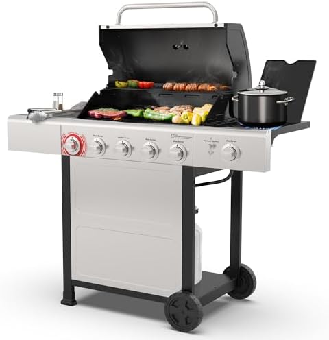 Kenmore BBQ Propane Gas Grill - 5 Burners with Side Burner & Searing Zone, 644 Sq. In. Stainless Steel Grill, 66,000 BTU, Ideal for Outdoor Cooking, Patio & Backyard, Silver by Kenmore