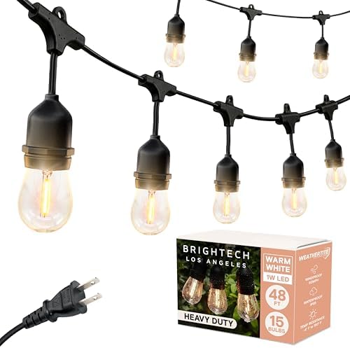 Brightech Ambience Pro LED String Lights - 48 Ft Commercial Grade Patio Lights Outdoor Waterproof - Heavy Duty Porch String Lights for Backyard, Christmas - Dimmable Vintage Edison 1W 15 Bulbs, by Brightech