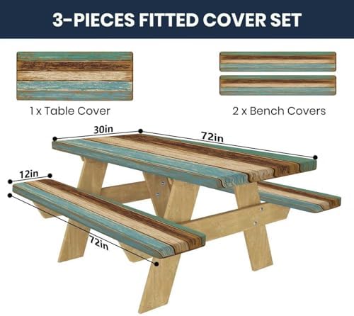 CAPSCEOLL Picnic Table Cover with Bench Covers 6ft - Blue Brown Wood - Image 2