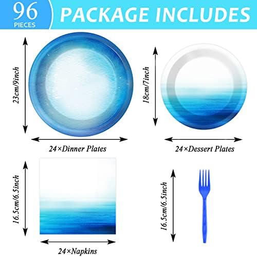 Wiooffen 96 Pieces Ocean Sea Party Tableware Set Ocean Waves Party Supplies Sea Theme Table Decorations Under The Sea Tableware for VBS Baby Shower Birthday Paper Plates Napkins Forks for 24 Guests - Image 2