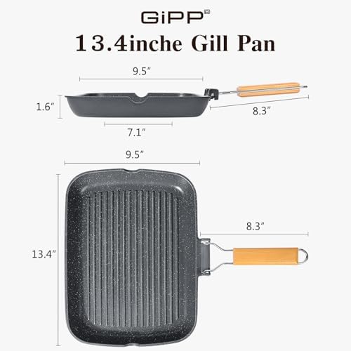 GiPP 13.4 Inch Nonstick Grill Pan with Folding Handle,Square Grill Skillet - Image 2