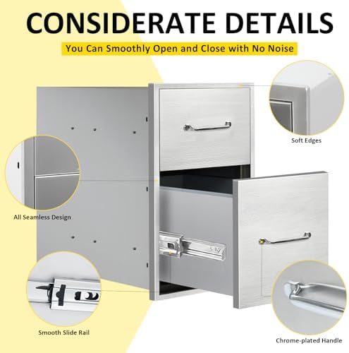 Outdoor Kitchen Drawers 14" W x 21" H x 21" D Flush Mount Double BBQ Drawers with Chrome Handle Stainless Steel Drawer for Outdoor Kitchen Island, Patio Grill Station - Image 4