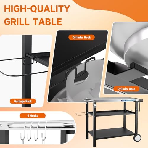 Grill Table, Stainless Steel Grill Cart with Three-Shelf, Movable Pizza Oven Table with Side Tray ＆ Trash Bag Holder, Outdoor Grill Stand with Hooks for Food Prep, Outside Tailgating, Camping - Image 4