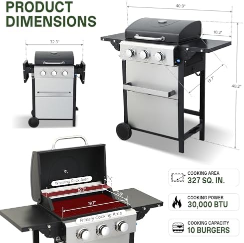3-Burner Propane Gas Grill with Folding Side Tables, 30,000 BTU - Image 2