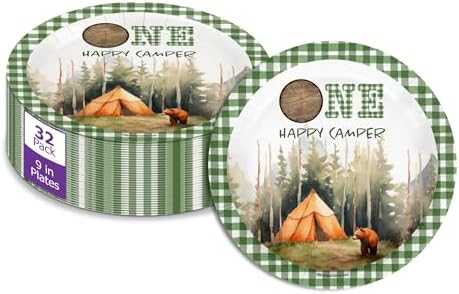 One Happy Camper Boy's First Birthday - 32 Piece Disposable Party Supplies - Decorations for Camping 1st Birthday Round Party Plates - Large 9" Paper Plates In Bulk by BirthdayGalore