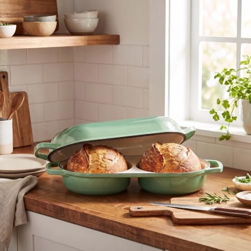 EDGING CASTING Enameled Cast Iron Double Bread Dutch Oven, Sage Green - Image 3
