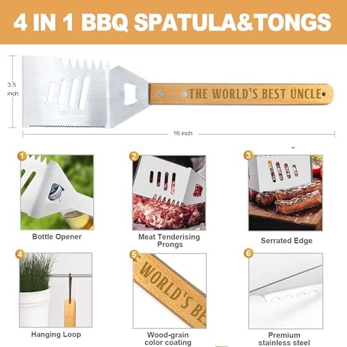 Uncle Gifts, Uncle Gift from Niece Christmas Heavy Duty Wooden BBQ Grilling Accessories Kit for Backyard, Thick Stainless Steel Grill Utensils with Non-Slip Handle Tools in Portable Bag Father's Day - Image 2