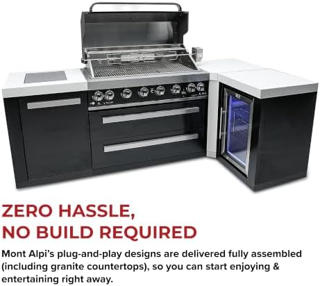 Mont Alpi 94"W x 50"D Black Stainless Steel L-shaped Modular Outdoor Kitchen Island + Infrared Side Burner + Refrigerator + 44"W 6-Burner BBQ Grill + Granite Countertops + Storage Cabinets & Drawers - Image 6