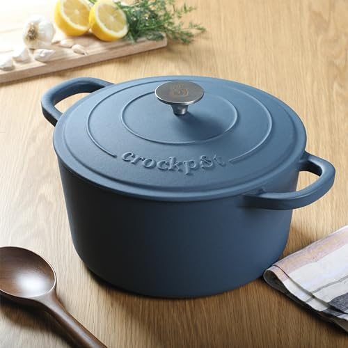 Crock-Pot Artisan 7-Quart Round European Enameled Cast Iron Dutch Oven – Matte Navy Blue, Durable Oven Safe Cookware - Image 4