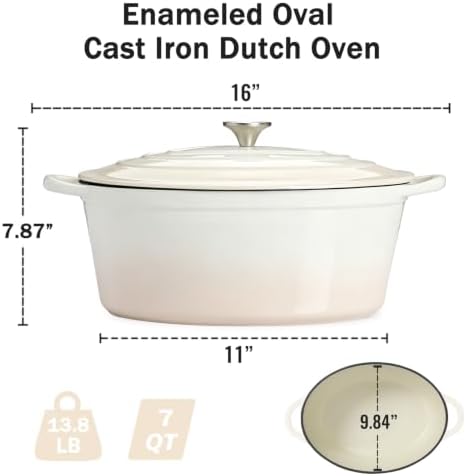 Enameled Dutch Oven Pot with Lid, 7 QT Cast Iron Dutch Oven with Dual Handles, Oval Dutch Oven for Cooking, Bread Baking, Frying, Non-stick Enamel Coated Oven (Caramel White) - Image 2