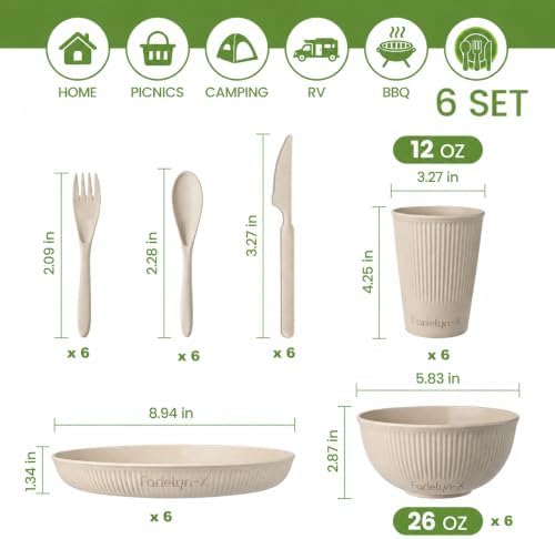 36-Piece Reusable Wheat Straw Dinnerware Sets for 6, Farielyn-X Unbreakable Reusable Set Kitchen Cups, Plates, Bowls Sets & Cultery Dishwasher Microwave Safe - Patio, Outdoors, RV, Camping Dishes - Image 6