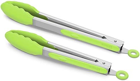 2 Pack Silicone Kitchen Tongs, 9 & 12 Inch, Stainless Steel, Light Green by ALLWIN-HOUSEWARE