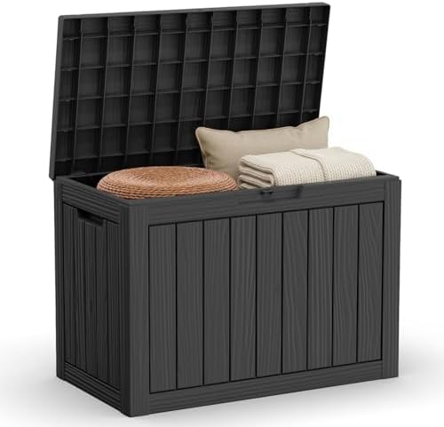 45 Gallon Outdoor Deck Box, Lockable Waterproof Outdoor Storage Boxes For Garden Tools,Indoor Cushions,Accessories Outside Storage Resin Weatherproof Container(Black) by MAIUSCOLI