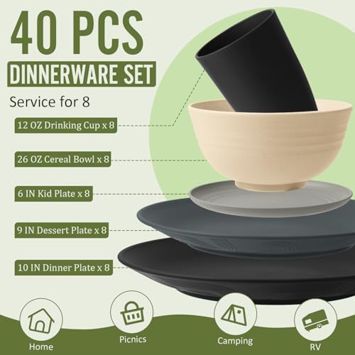 40 PCS Wheat Straw Dinnerware Set | Dishware Sets for 8 Unbreakable Plates and Bowls Sets, Drinking Glasses, Dishwasher and Microwave Safe Dish Set for KItchen - Gray Stone - Image 2
