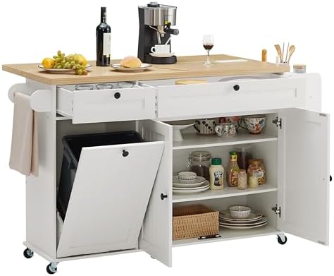 ONBRILL 60" Kitchen Island with Trash Can Storage, Rolling Island Table by ONBRILL