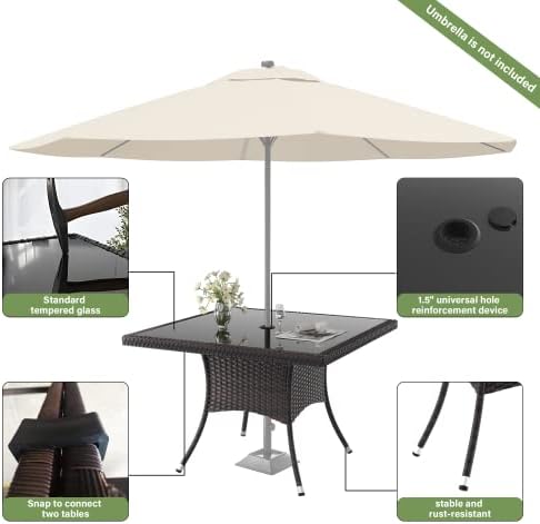 ALAULM 10 Piece Outdoor Patio Dining Set for 8 All-Weather Wicker Patio Furniture Set w/Tempered Glass Tabletop, Removable Cushions and Umbrella Hole for Patio, Backyard, Garden, Poolside (Brown) - Image 4