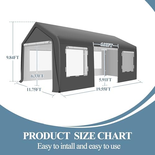 Carport 12x20 FT Heavy Duty Carport Canopy, Portable Garage with 4 Windows & Side-Opening Door, for Pickup, Boats, Car and Truck (12x20 FT Grey) - Image 7