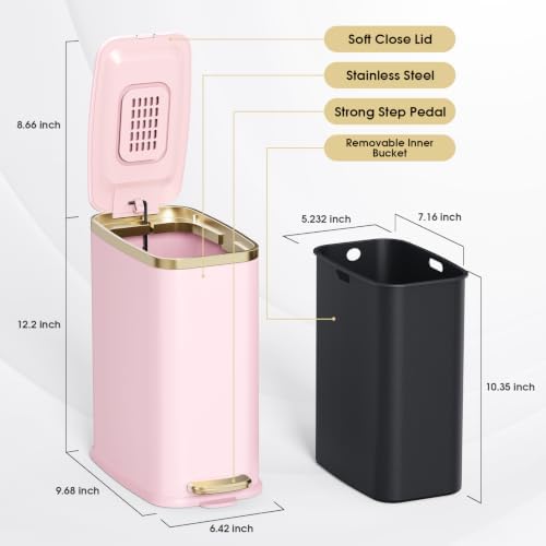 CEROELDA Small Bathroom Trash Can with Lid-5L/1.3 Gal-Soft Close Lid-Pink - Image 5