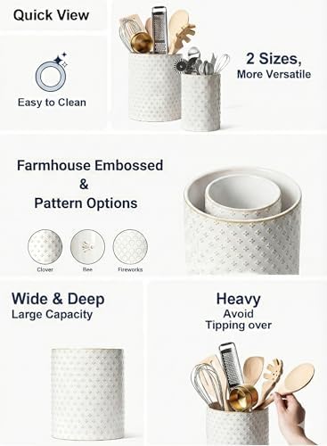 LE TAUCI Kitchen Utensil Holder for Countertop - 7.1"+5.4" Ceramic Utensil Crock Set of 2, Large Cooking Utensil Organizer for Spatula, Spoon, Whisk - Farmhouse Storage, Embossed, Clover - Image 3