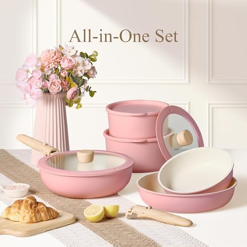 CAROTE 19pcs Pots and Pans Set Non Stick, Detachable Handle Cookware, Pink - Image 7