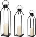 HPC Decor 22'' 19'' 16'' Lanterns Decorative w/Flickering Timer Candles- Tall Large Black Metal Candle Lanterns Set of 3- Modern Farmhouse Decor for Indoor,Outdoor,Tabletop,Porch (No Glass) by HPCDECOR