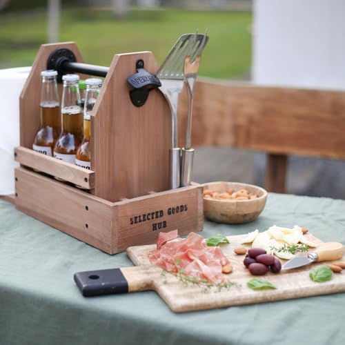Wooden Grill Caddy Organizer - Versatile BBQ Caddy for Outdoor grill - Portable rustic wood condiment and paper towel holder with bottle opener for picnic and grilling - Image 2
