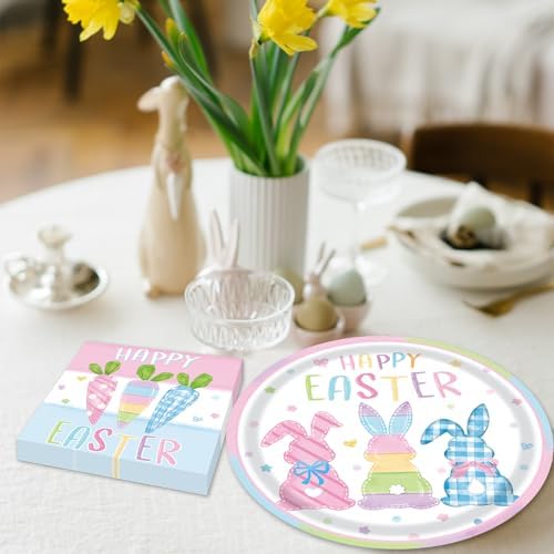 96 Pieces Happy Easter Party Tableware Set – Bunny & Carrot Pastel Design Disposable Plates, Napkins, and Pink Forks for Egg Hunt, Spring Classroom Event, or Holiday Celebration - Image 5