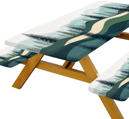 Picnic Table Cover with Bench Covers, Green Blue Camping Tablecloth Waterproof Windproof, Fitted Tablecloth Cover with Elastic Edge, for Indoor & Outdoor, Garden, Camping, 3 Pieces Set, 30x60 Inch - Image 2