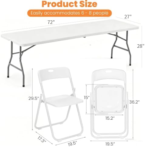 6 FT Foldable Table Set with 6 White Plastic Folding Chairs for 6 - Image 3