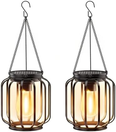 Solar Hanging Lanterns Outdoor: 2 Pack Metal Solar Hanging Lights with Hook, Bright - Warm Waterproof LED Lanterns for Outside, Classic Decorative Solar-Powered Light for Yard Garden Patio Porch Decor by BONLION