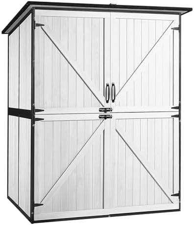 GUTINNEEN Outdoor Storage Cabinet Durable Metal Frame and Solid Wood Vertical Tool Shed with 3 Adjustable Height Shelves and Bottom Floor for Patio, Garden, Backyard, 55" L x 29" W x 67" H by GUTINNEEN
