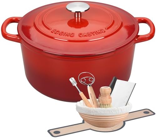 EDGING CASTING Enameled Cast Iron Dutch Oven with Sourdough Bread Baking Kit, Bread Dutch Oven with Lid, Includes Proofing Basket & Baking Tools, 5qt, Red by EDGINGCOOKWARE