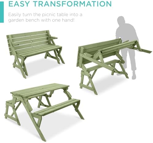 Best Choice Products 2-in-1 Transforming Interchangeable Outdoor Wooden Picnic Table Garden Bench for Backyard, Porch, Patio, Deck w/Umbrella Hole - Sage Green - Image 2