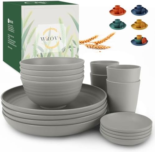 Wrova Wheat straw plates and bowls sets of 16 - Unbreakable wheat straw dinnerware sets for party - Alternative plastic dinnerware set for camping,party and R.V. Grey by WROVA