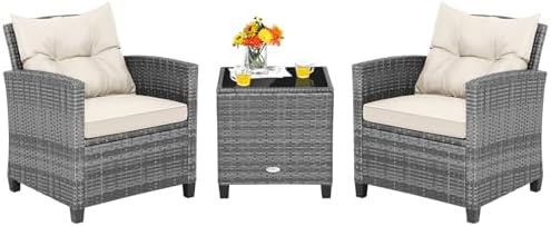 Tangkula 3 Pieces Patio Furniture Set, PE Rattan Wicker 3 Pcs Outdoor Sofa Set w/Washable Cushion and Tempered Glass Tabletop, Conversation Furniture for Garden Poolside Balcony (Mix Grey-White) by TANGKULA
