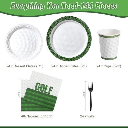 144 Pcs Golf Tableware Set for 24 Guests, Heavy-Duty 7" & 9" Paper Plates, Cups, 2-Ply 13" Napkins & Plastic Forks, Disposable Party Supplies for Game Day and Birthday - Image 2