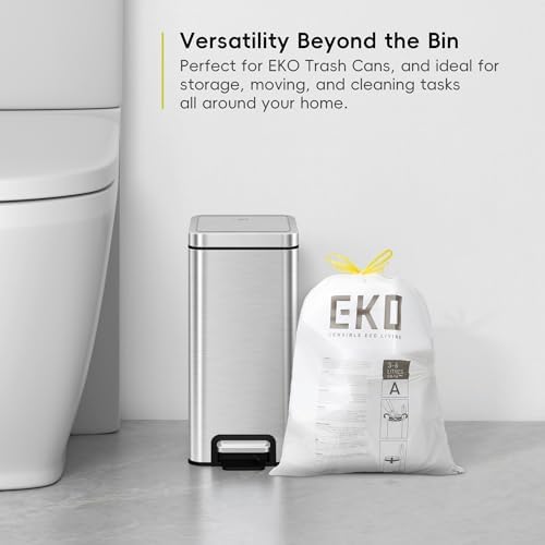 EKO 1.6 Gallon / 3-6 Liter, 80 Count Small Drawstring Trash Bags, Extra-Strong Unscented Garbage Bags, Easy-Dispense Roll for Kitchen & Household Use, Resists Tears, Leaks and Punctures, Code A, White - Image 3