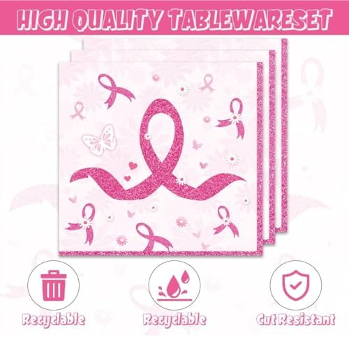 48Pcs Breast Cancer Party Decorations Include Plates Napkins Guests Cancer Free Party Decorations Serve 24 Guests Breast Cancer Party Supplies - Image 3