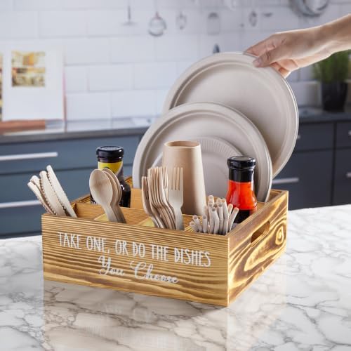 ALELION Rustic Plate and Utensil Caddy, 6-Compartment Paper Plate and Cutlery Holder with Handles, Kitchen and Party Organizer for BBQs, Picnics, and Gatherings, Brown - Image 4