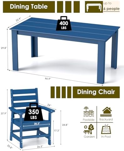 GREENVINES 7-piece Outdoor Dining Set, HDPE Table & 6 Chairs, Blue - Image 2